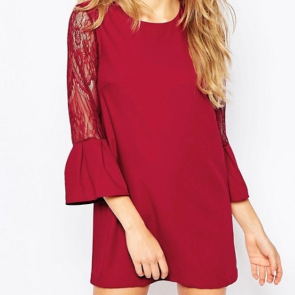 ASOS Maroon Dress Lace Bell Sleeve Size 2/4